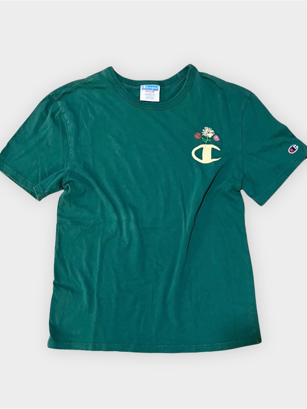 Champion Floral Embroidered Logo Tee Forest Green Cotton Size Medium